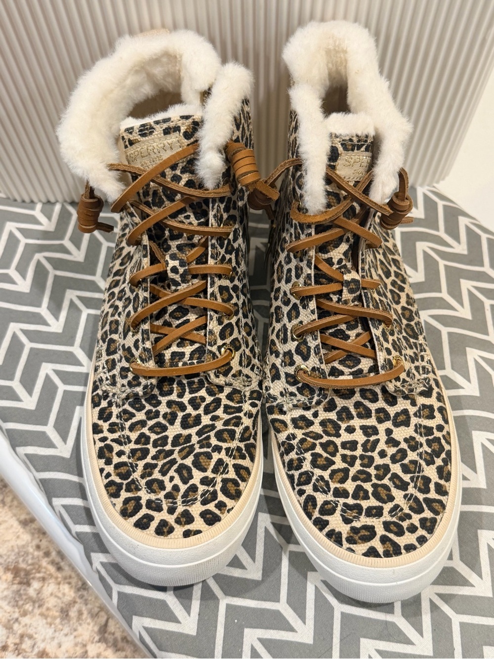 Sperry Leopard Print High-Top Sneakers with Cream Faux Fur